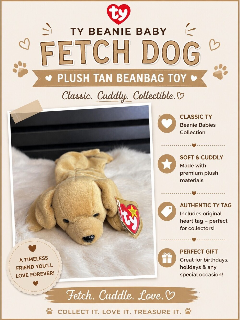 Ty Beanie Baby Fetch Dog Plush Tan Beanbag Toy